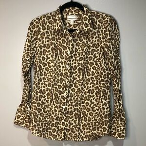 J Crew Womens Perfect Button Down Shirt Leopard Animal Print Beige Brown